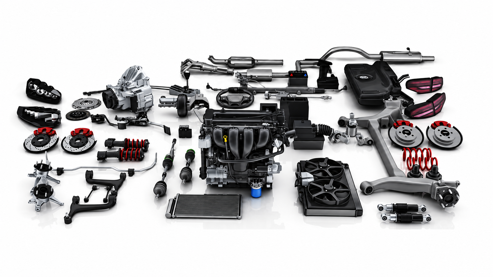 Conjunto de peças automotivas, incluindo motor, freios, suspensão e iluminação